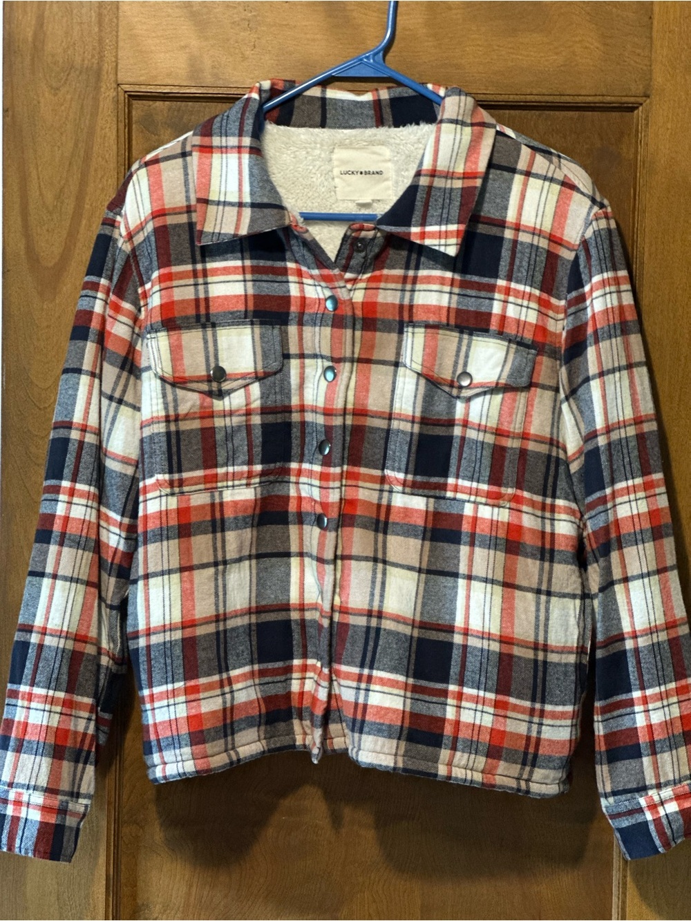 Lucky Brand Plaid Sherpa Lined Shacket Navy Red/Orange M NWOT